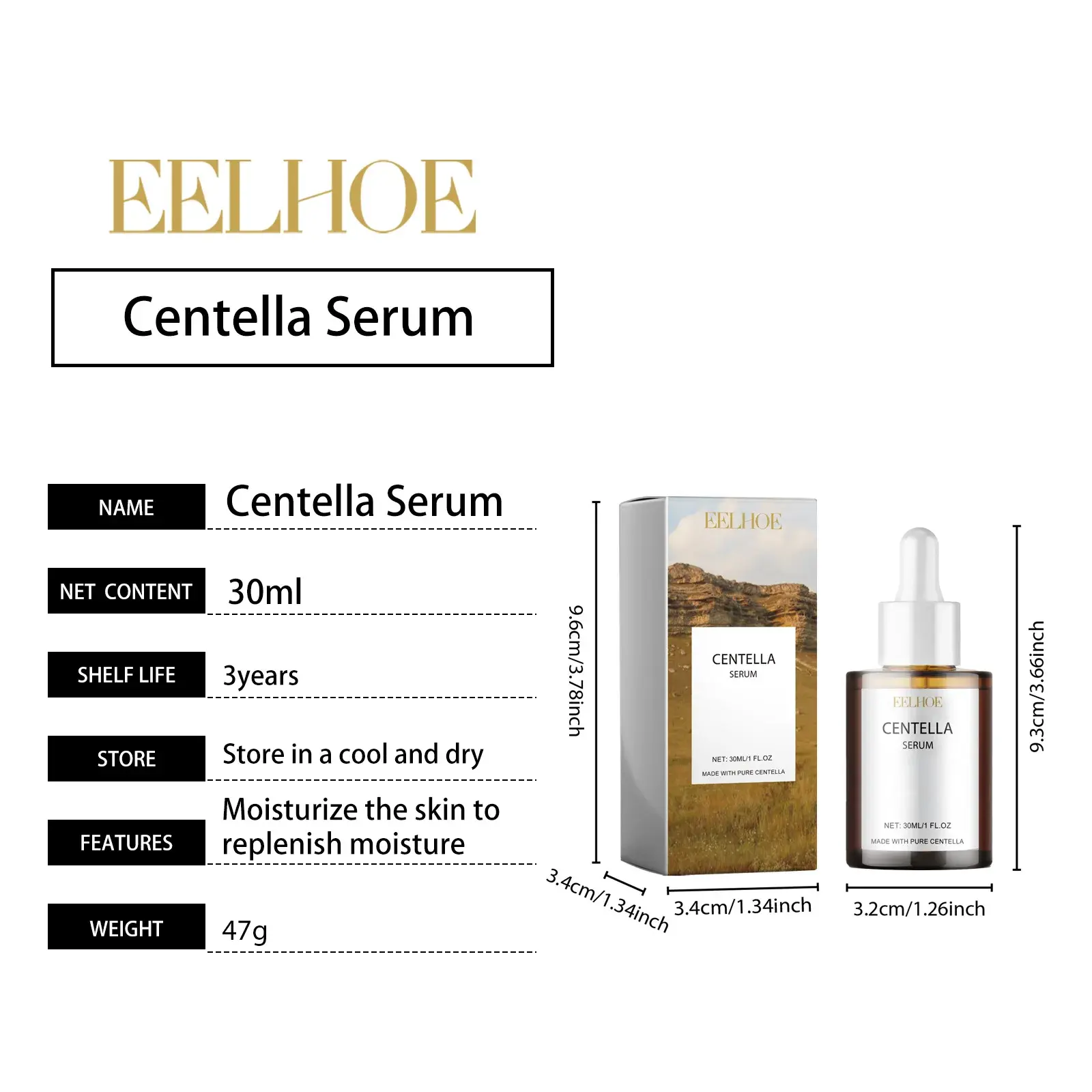 Product specifications for Eelhoe Centella Serum 30ml showing bottle dimensions and weight.