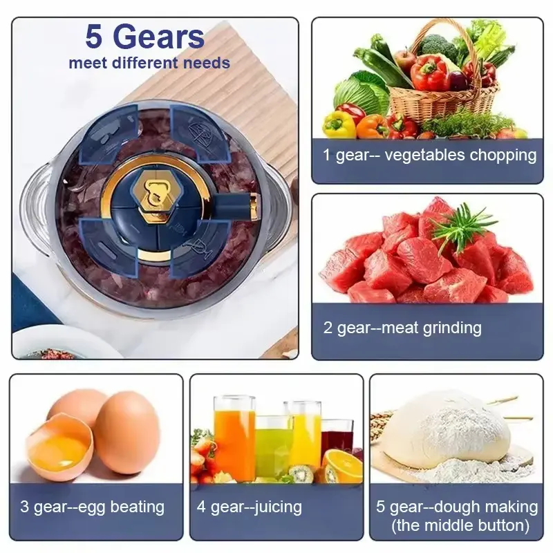 A 5-speed electric food processor showing different gears for meat grinding, vegetables, and juicing.