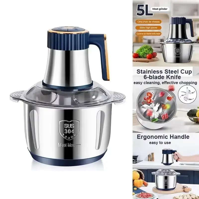 An Electric Meat Grinder 5L with a stainless steel bowl and 6-blade knife system.