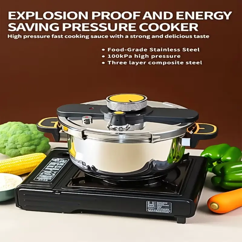 Stainless steel pressure cooker with 100kPa high pressure and energy-saving features.