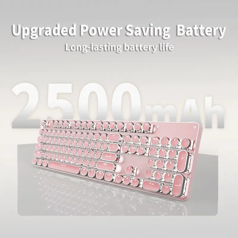 An exploded view displaying the 2500mAh long-lasting built-in battery inside the pink mechanical keyboard structure.
