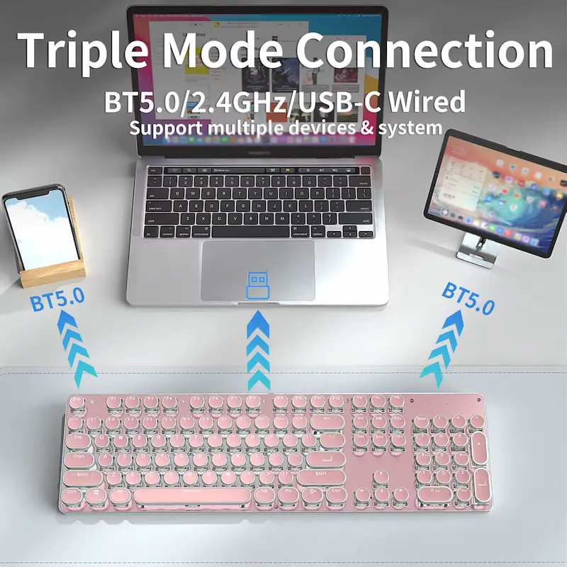 The pink typewriter style keyboard paired simultaneously with a smartphone, laptop, and tablet.