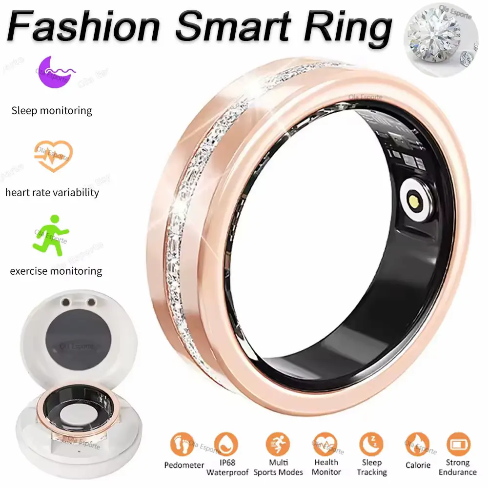 A detailed fashion smart ring review showcasing the elegant rose gold wearable with a diamond-paved band alongside its white charging case.