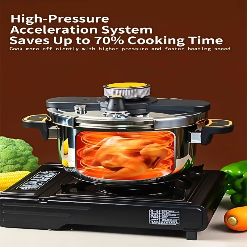 Illustration showing 70% faster cooking time for a whole chicken in the pressure cooker.