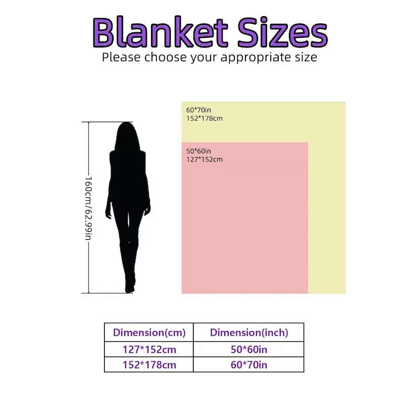 Size comparison chart for the faux rabbit fleece blanket showing 50x60in and 60x70in dimensions.