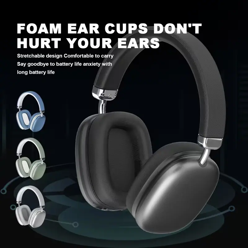 Highlighting soft foam ear cups and multiple color options like blue, green, and silver.