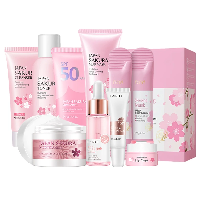 High-quality studio shot of the full 9pcs Sakura skincare products kit.