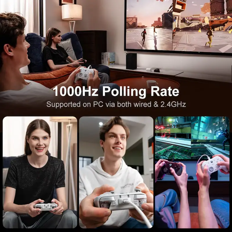 Collage showing gamers using GameSir G7 Pro with 1000Hz polling rate supported on PC.