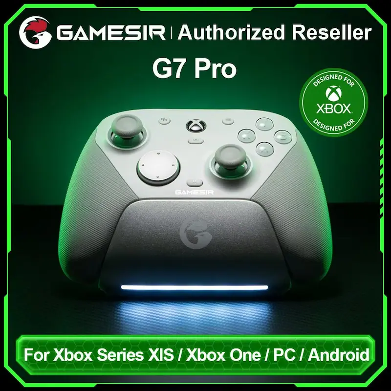 GameSir G7 Pro controller on a charging dock with green glowing lights.