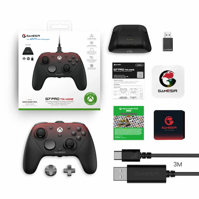 GameSir G7 Pro Black edition components with Xbox Game Pass Ultimate card.