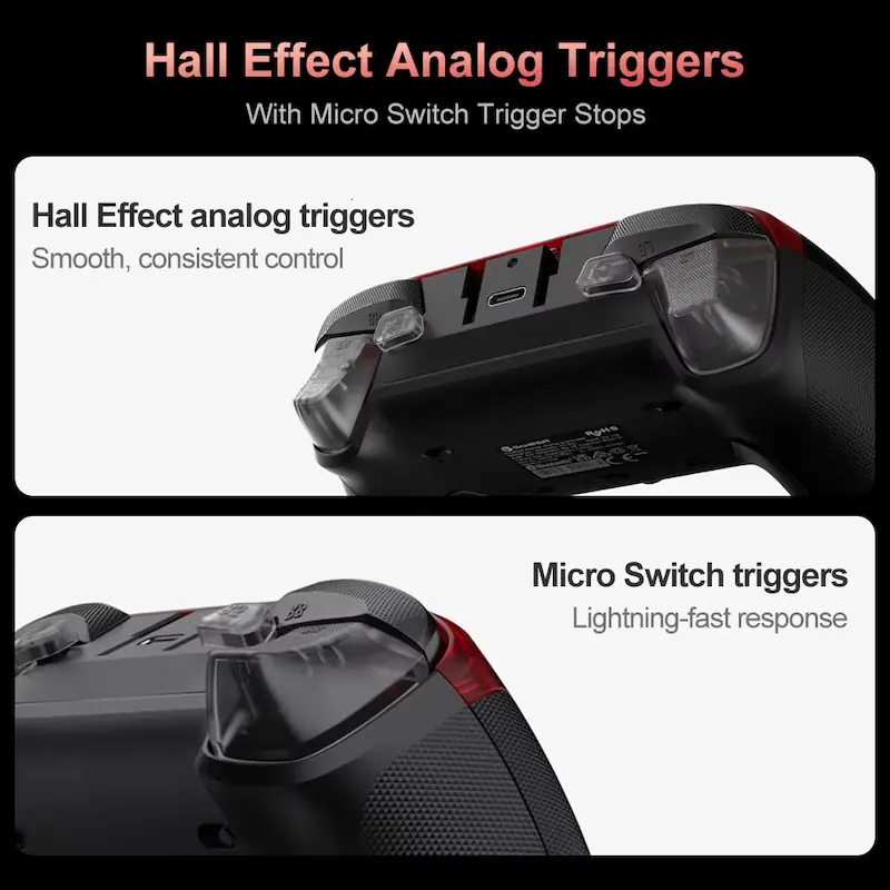Close up of GameSir G7 Pro Hall Effect analog triggers and micro switch stops.