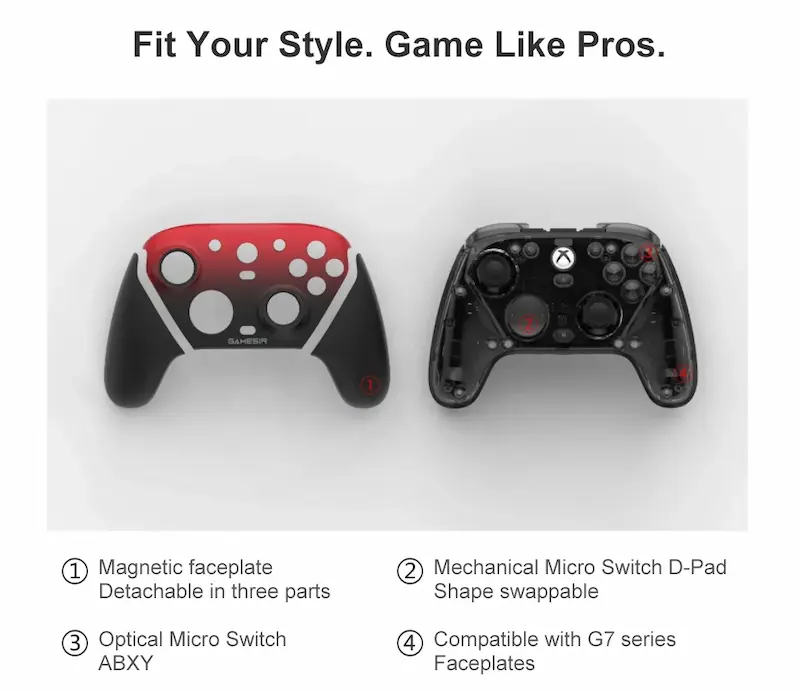 Internal view of GameSir G7 Pro showing magnetic faceplate and mechanical switches.