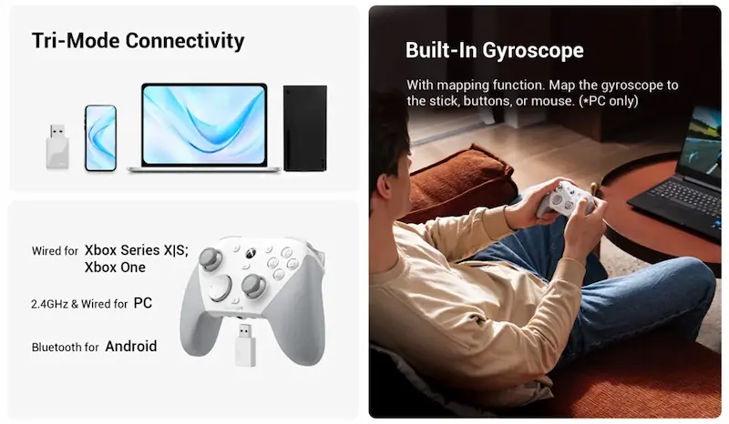 Infographic showing Tri-mode connectivity and built-in gyroscope for PC gaming.