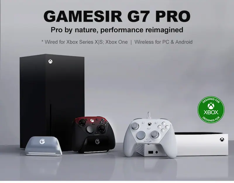 GameSir G7 Pro Xbox licensed controllers in black and white colors with Xbox console.