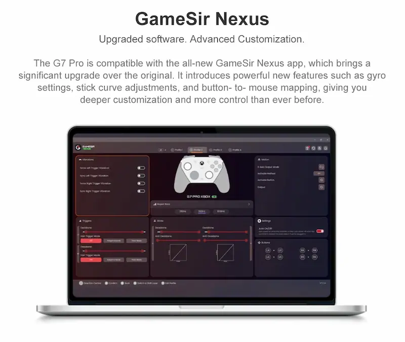 Laptop screen showing GameSir Nexus app for controller button mapping and stick adjustments.