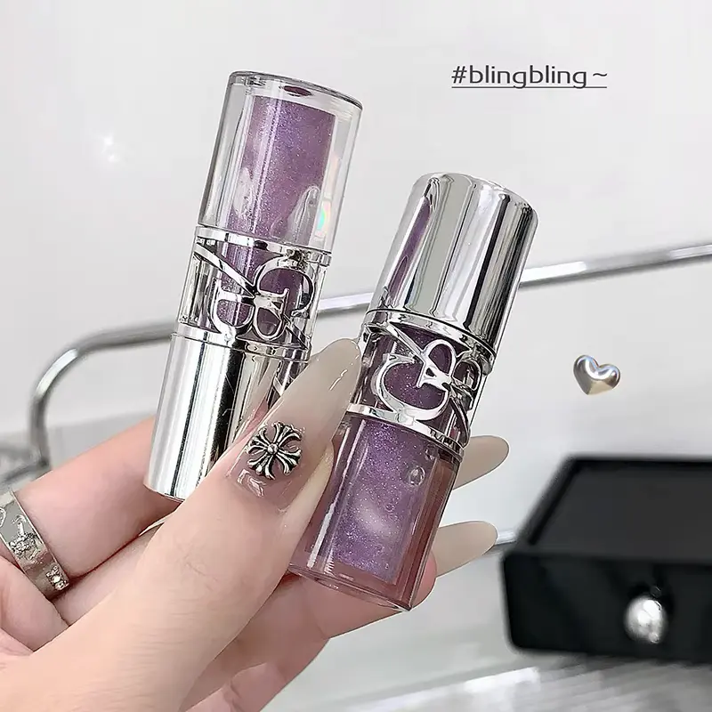 Two bottles of Gege Bear purple glittery makeup showing why it is the Best Budget Water Gloss for shimmer lovers.