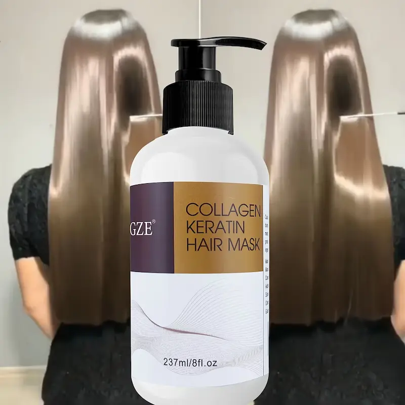 A bottle of deep conditioning hair mask displayed next to shiny hair, perfect for analyzing results in this GZE Collagen Keratin Review.
