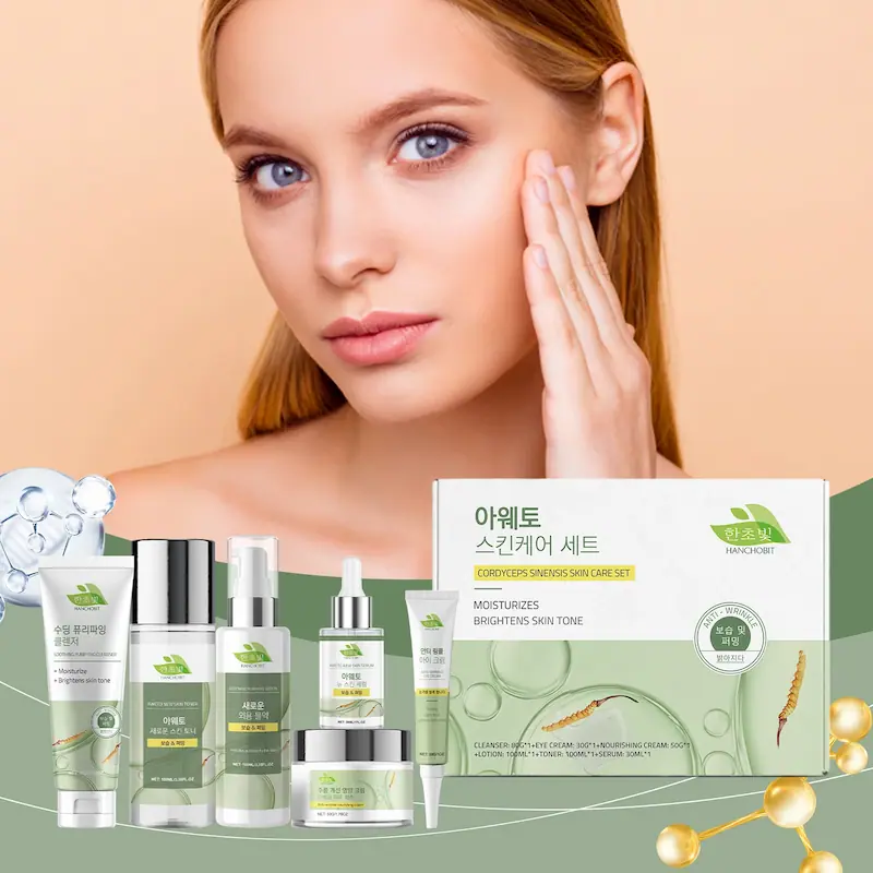 Full lineup of Hanchobit Cordyceps Sinensis skincare products including serum, lotion, and eye cream.