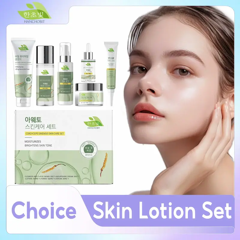 A model with glowing skin next to Hanchobit Cordyceps Sinensis skin care set featuring cleanser, toner, and serum.