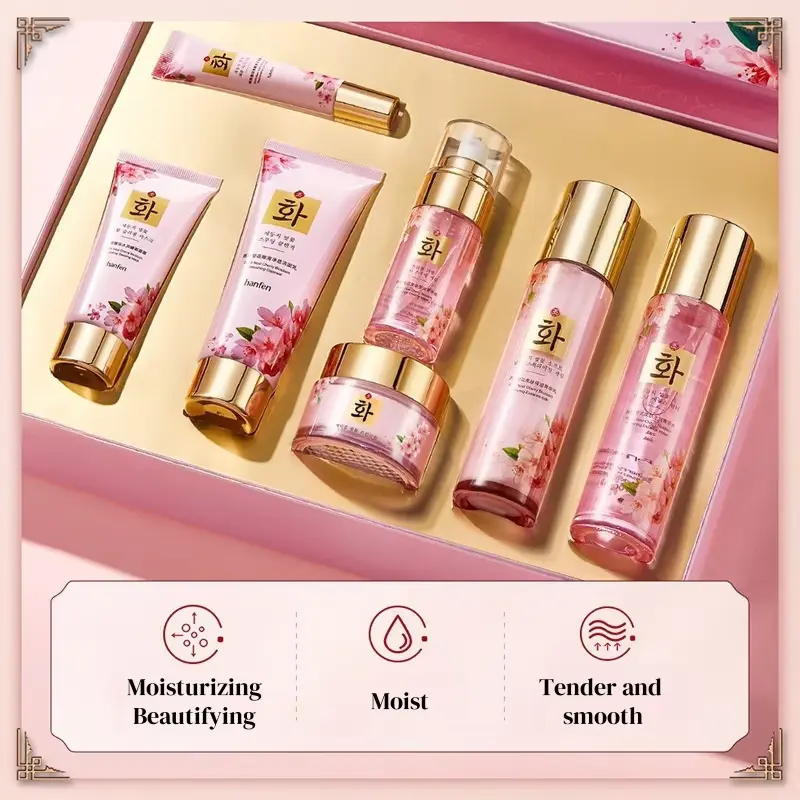 Bird's Nest Cherry Blossom softening and hydrating seven-piece gift box in an elegant gold-lined tray.