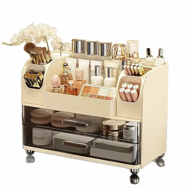 An elegant makeup sorting box with multiple compartments and tiny wheels on a clean white background.
