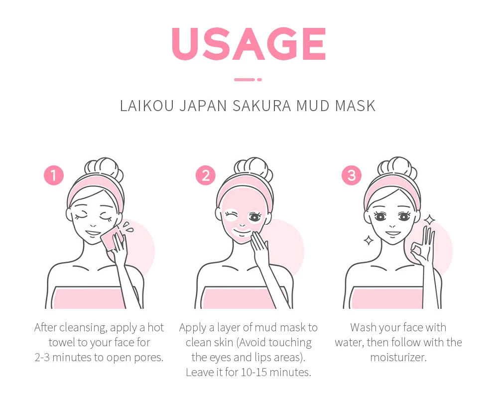 3-step guide on how to apply the Japan Sakura Mud Mask correctly.