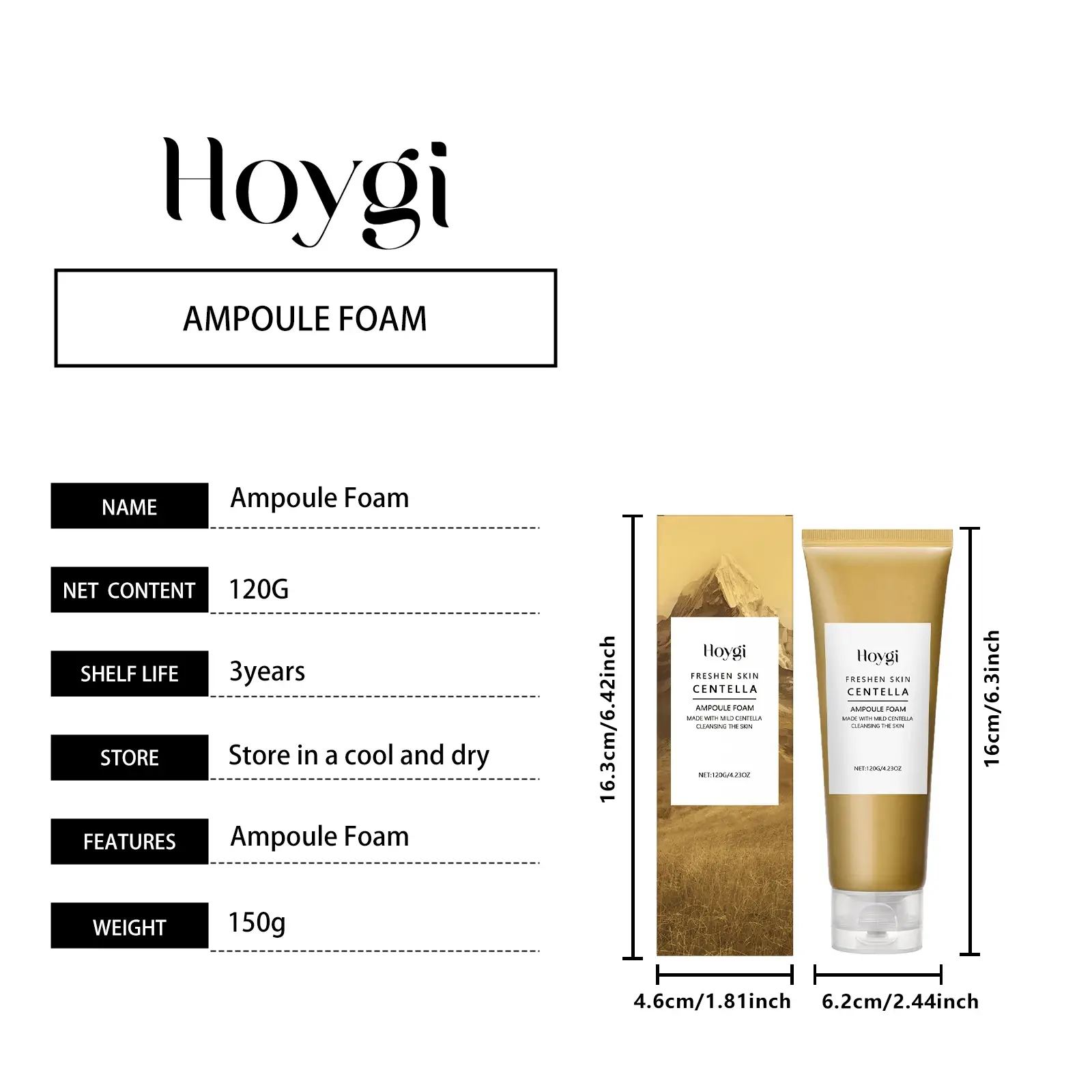 Technical details and dimensions of Hoygi Centella Ampoule Foam 120g tube.
