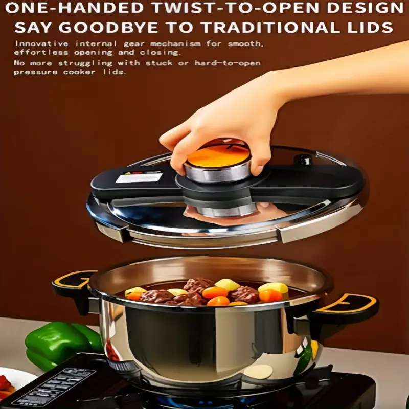 A person opening the pressure cooker using the one-handed twist-to-open knob, showing the smooth gear mechanism.