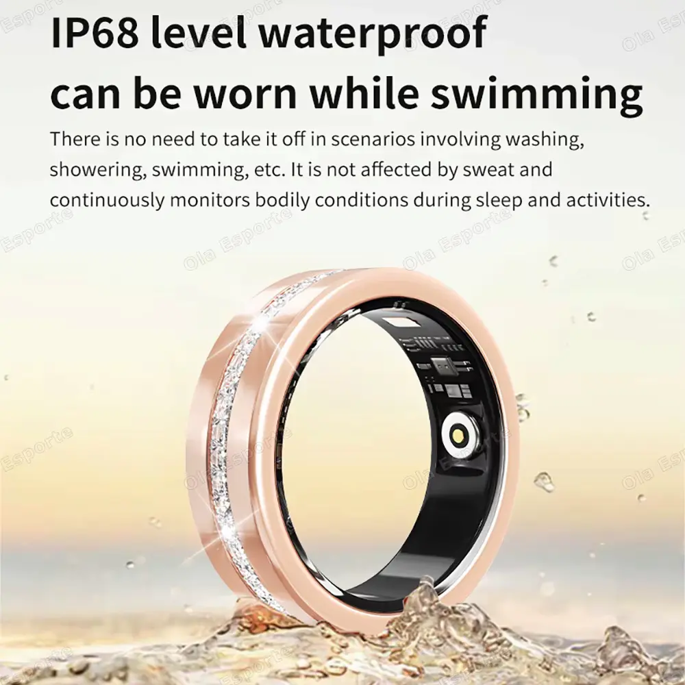 A rose gold waterproof wearable device resting on splashing water to demonstrate its IP68 rating.