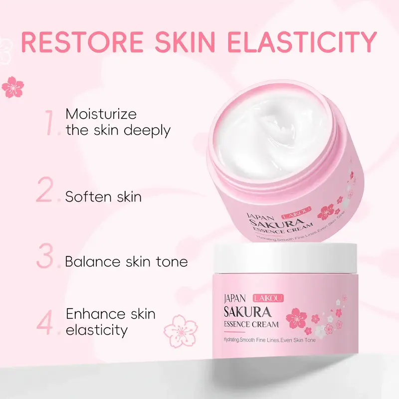Two pink jars of LAIKOU Japan Sakura essence cream highlighting skin elasticity and moisturizing benefits.