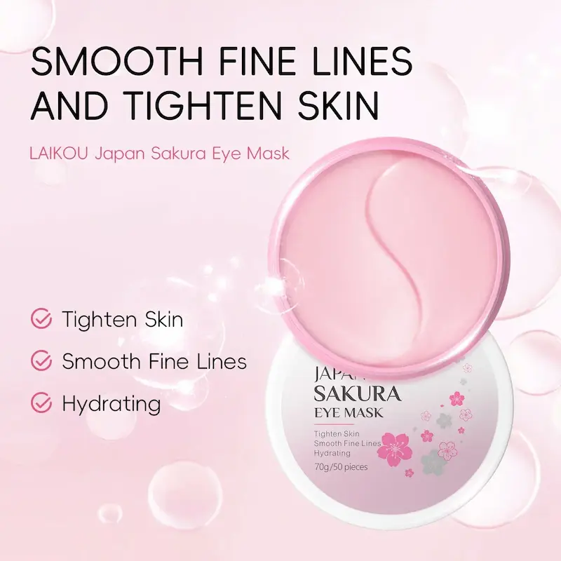 Pink hydrogel eye mask jar showing benefits for fine lines and skin tightening.
