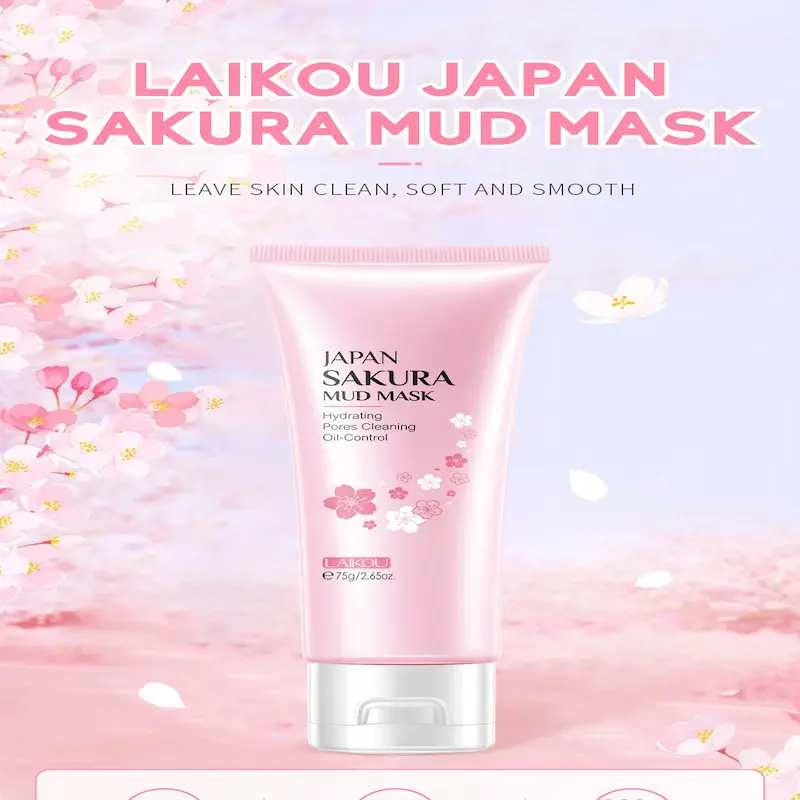 A close-up view of the LAIKOU Japan Sakura Mud Mask tube designed for oil-control and pore cleaning.