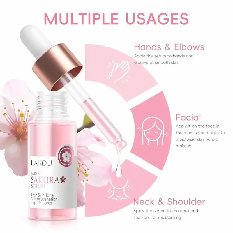 A thorough Sakura skin care review of the pink serum dropper showing face, neck, and elbow application.