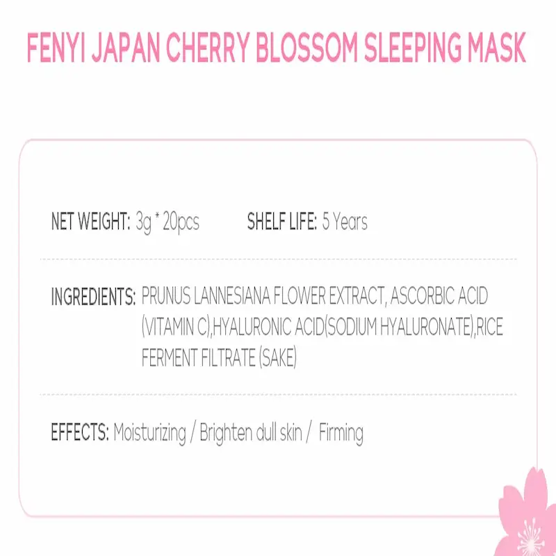 Product details card for Fenyi Japan Cherry Blossom Sleeping Mask packets listing ingredients and firming effects.