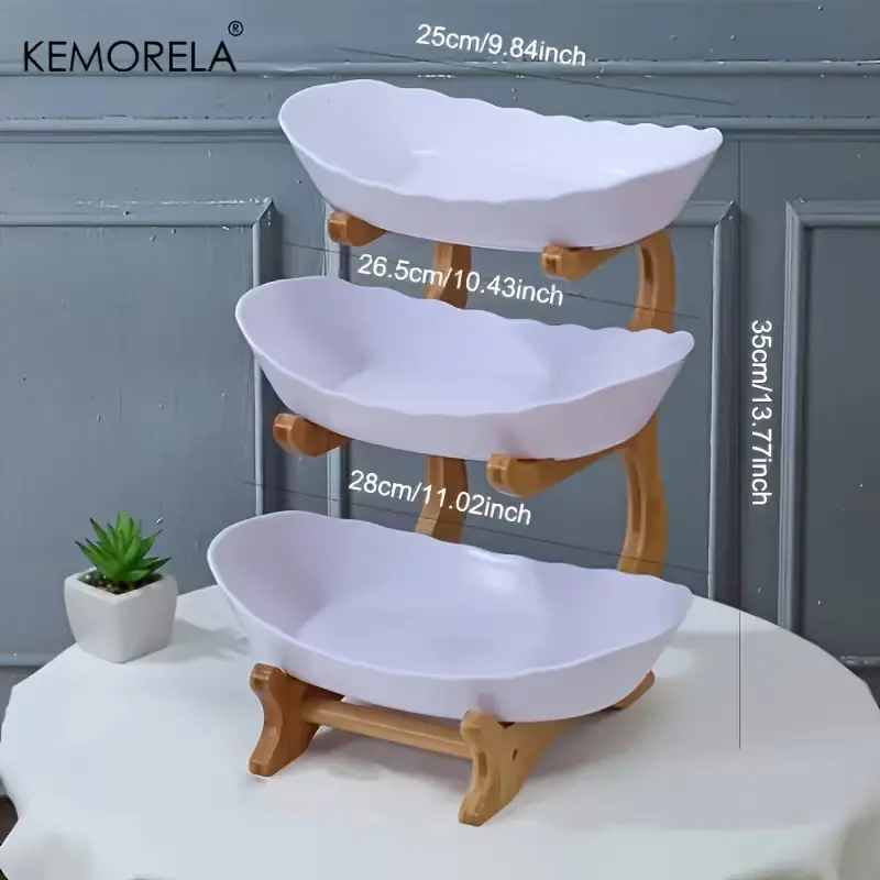 Dimension chart for KEMORELA 3-tier basket showing 35cm height and varying bowl widths.