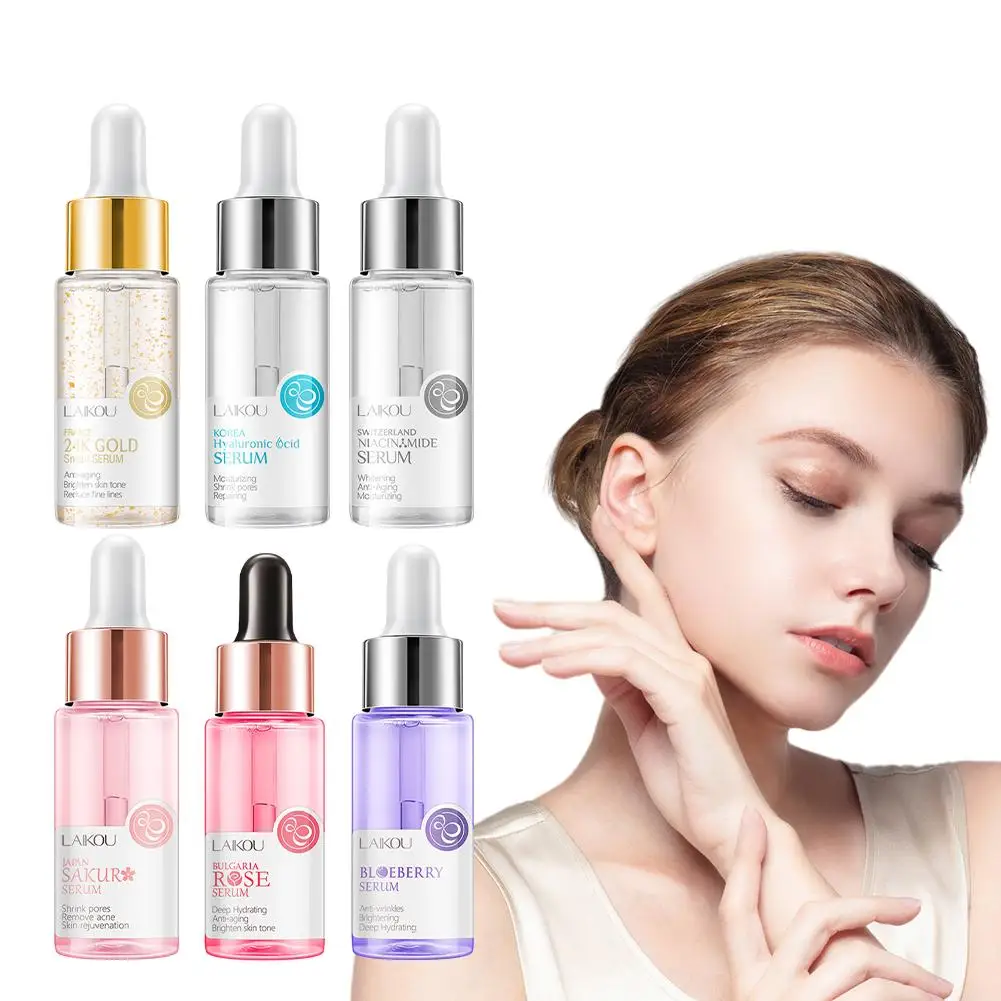 A collection of LAIKOU facial serums including Sakura, 24K Gold, Snail, and Blueberry.