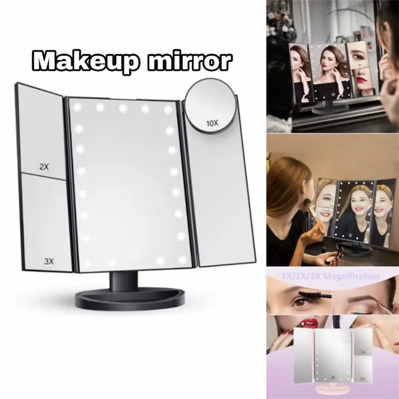 Black LED folding makeup mirror showing different panels and a detachable 10X small round mirror.
