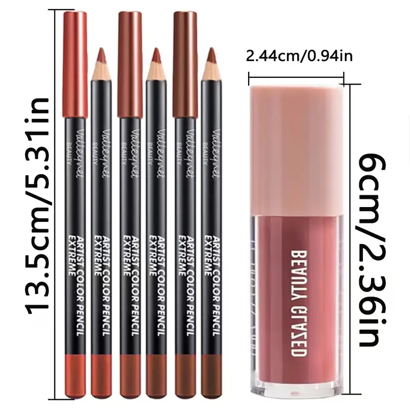 Product dimensions of 4pcs lip liner and gloss set in cm and inches.