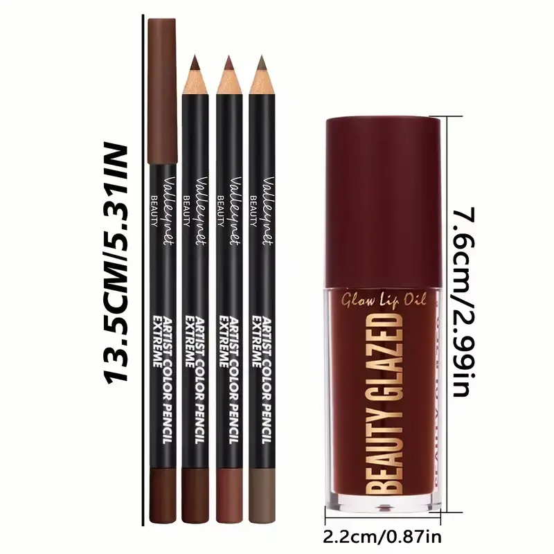 Product packaging measurements for the long-lasting lip liners and Beauty Glazed lip glaze bottle.