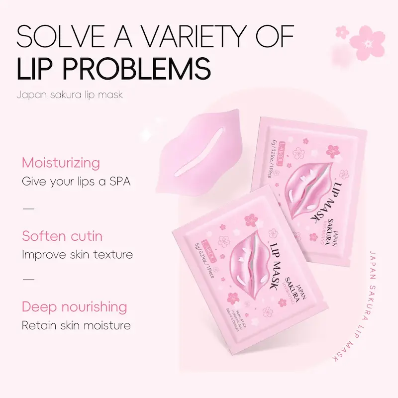 Two packets of LAIKOU Japan Sakura lip mask focusing on lip care and texture improvement.