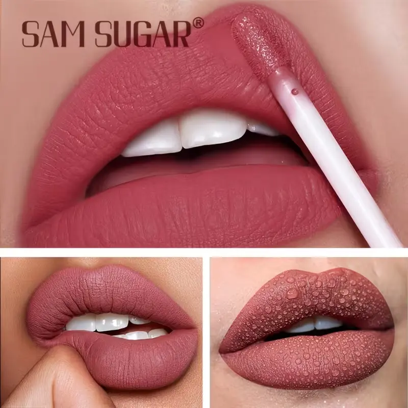 Close-up of SAM SUGAR matte lipstick on lips showing waterproof and smudge-proof texture.