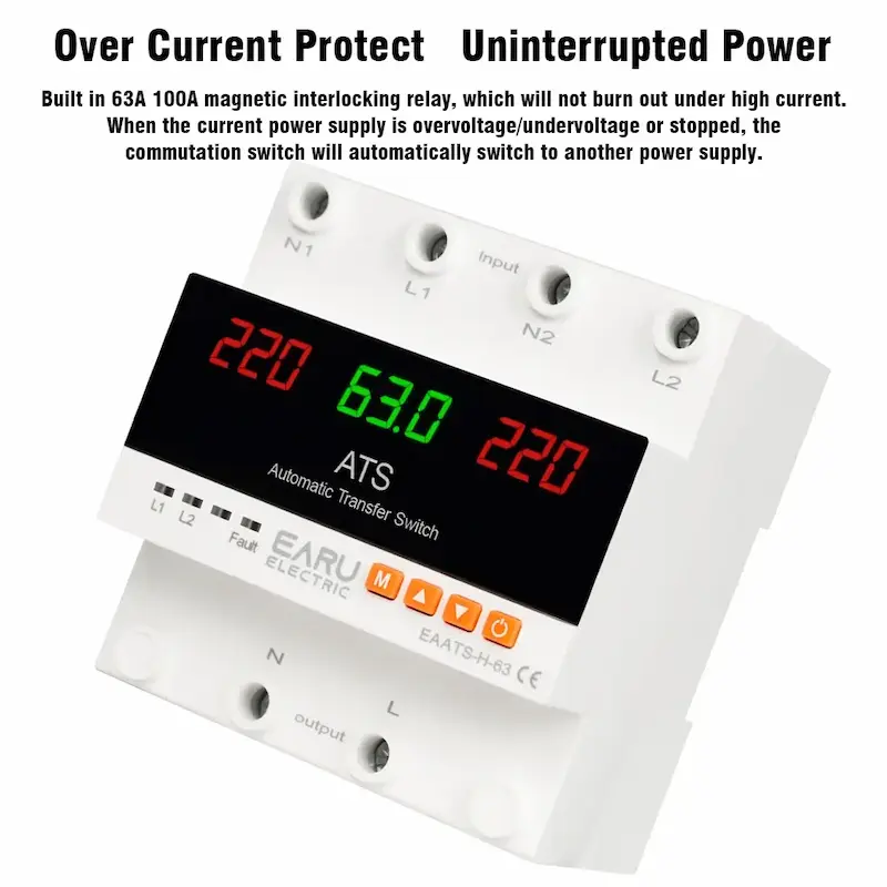 Angled shot of the heavy-duty EARU Automatic Transfer Switch featuring a built-in magnetic interlocking relay for uninterrupted power.