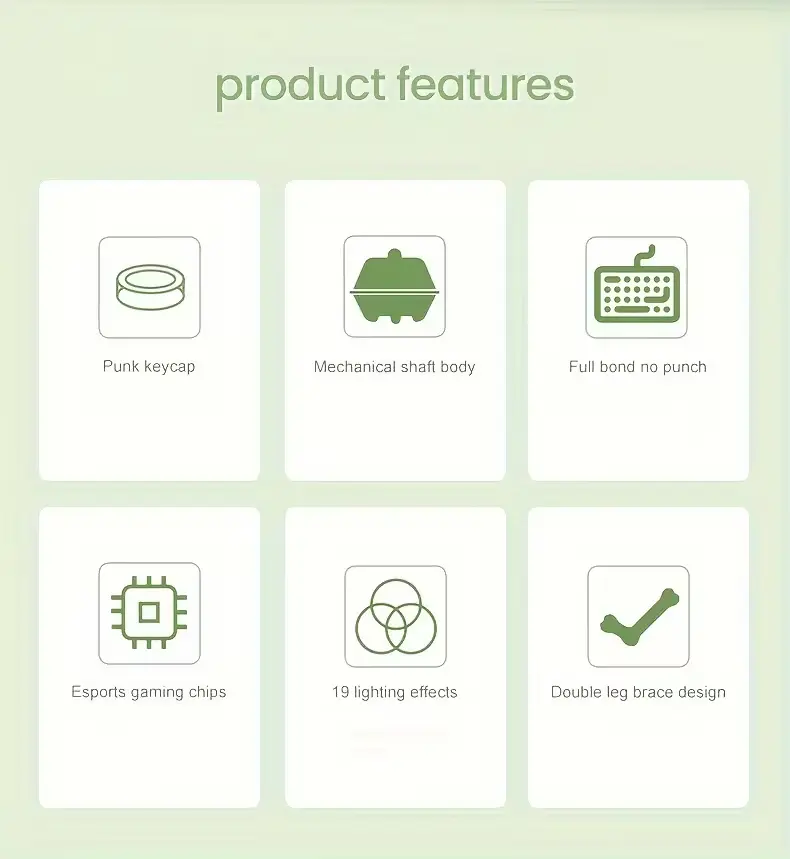 Infographic showing EWEADN keyboard features like punk keycaps and 19 lighting effects.