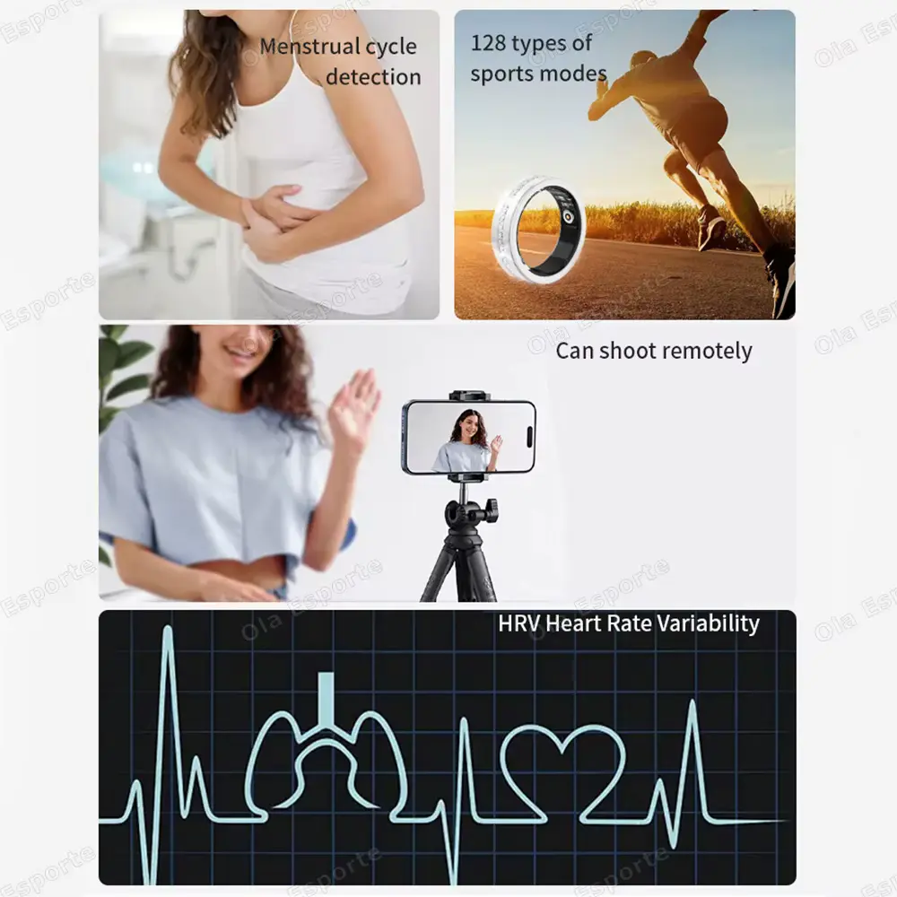 A collage highlighting menstrual cycle tracking, various sports modes, and a remote camera shutter feature on a wearable device.
