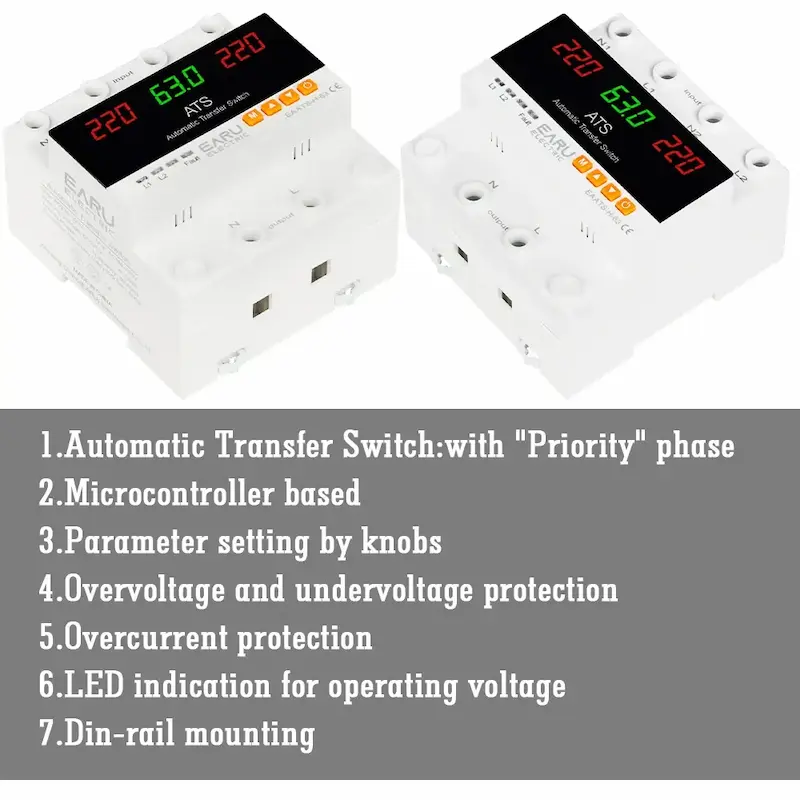Two units of the microcontroller-based EARU Automatic Transfer Switch showing a comprehensive 7-point technical feature list.