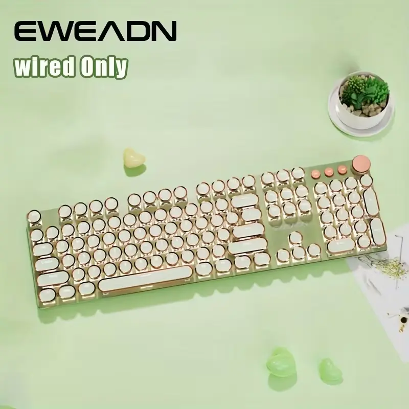 Top-down flat lay view of the green EWEADN keyboard on a minimalist green background.