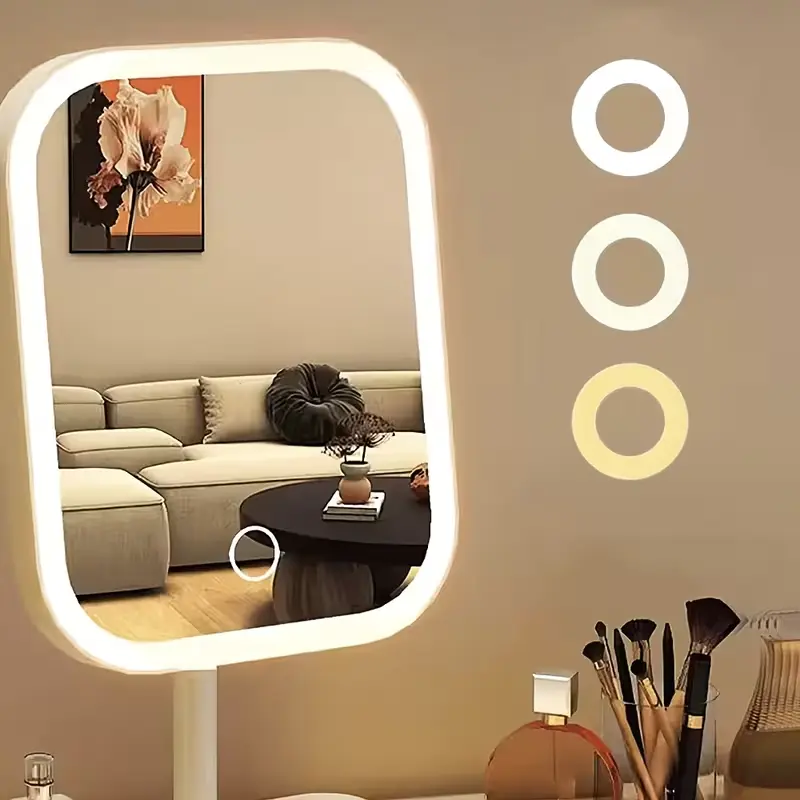 Minimalist lighted mirror placed in a modern living room setting.