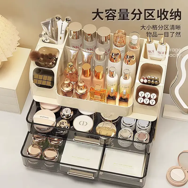 Top-down view of a modern dressing table storage rack with dedicated slots for lipsticks, lotions, and creams.