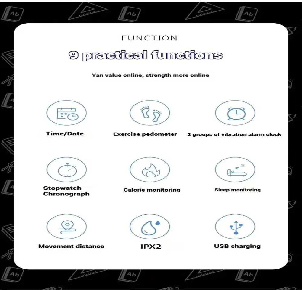 Icon list showing 9 functions: pedometer, calorie monitor, sleep tracking, and more