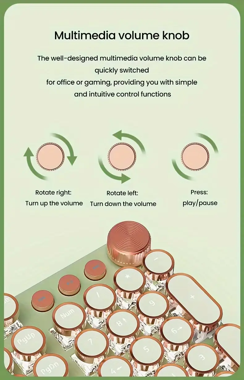 Graphic explaining how to use the multimedia knob for volume and play/pause.